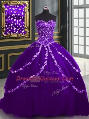 Purple Ball Gowns Beading and Appliques Sweet 16 Dress Lace Up Tulle Sleeveless With Train