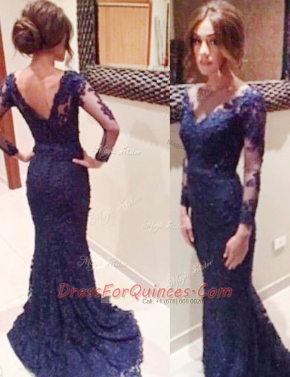 Mermaid Navy Blue V-neck Neckline Lace Prom Dress Long Sleeves Backless