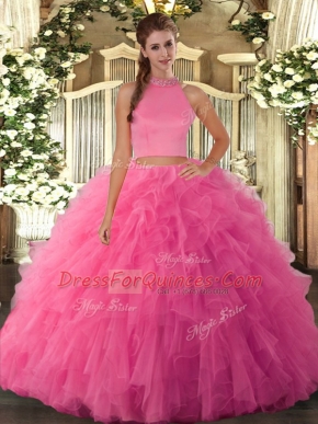 Floor Length Hot Pink Ball Gown Prom Dress Halter Top Sleeveless Backless