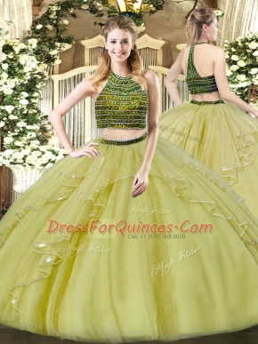Olive Green Ball Gowns Organza Halter Top Sleeveless Beading and Ruffles Floor Length Zipper Quinceanera Dress