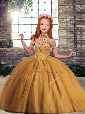 Cute Sleeveless Floor Length Beading Lace Up Kids Pageant Dress with Brown