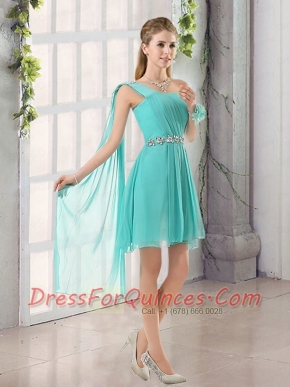 One Shoulder A Line Beading and Ruching Dama Dress with Lace Up