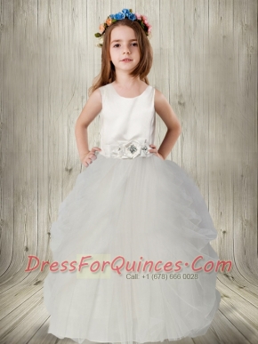 Ball Gown Scoop Flower Girl Dress with Ruching Hand Made Flowers in White for 2014