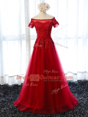 Wine Red A-line Tulle Scalloped Short Sleeves Beading and Lace and Appliques Floor Length Lace Up Homecoming Dress