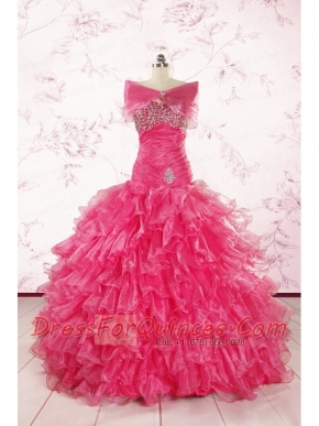 2015 Sweetheart Sequins Ruffles Unique Hot Pink Quinceanera Dresses
