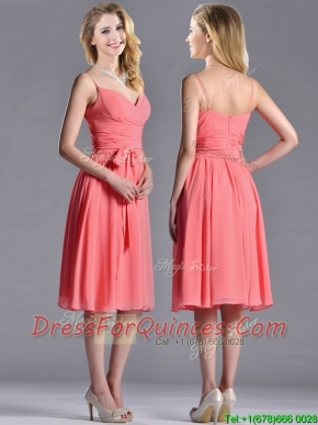 Best Spaghetti Straps Watermelon Dama Dress with Ruching and Bowknot