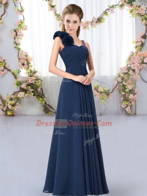 Dramatic Navy Blue Sleeveless Chiffon Lace Up Dama Dress for Wedding Party