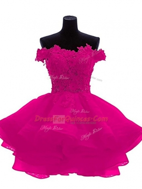 Fuchsia A-line Sweetheart Sleeveless Organza Mini Length Zipper Beading and Lace and Appliques and Ruffles Prom Dresses