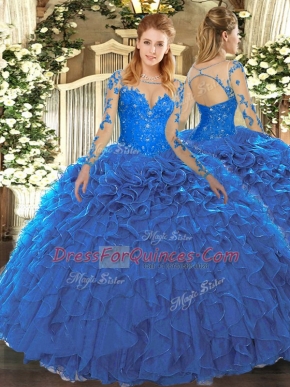 Discount Scoop Long Sleeves Lace Up Sweet 16 Dress Blue Organza
