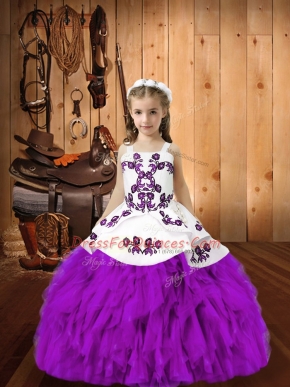 Eggplant Purple Straps Lace Up Embroidery and Ruffles Child Pageant Dress Sleeveless
