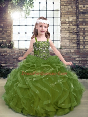 Olive Green Ball Gowns Organza Straps Sleeveless Beading and Ruffles Floor Length Lace Up Kids Formal Wear