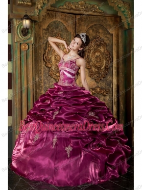 Fuchsia Ball Gown Straps Floor-length Taffeta Beading Quinceanera Dress