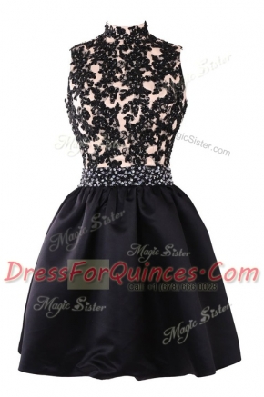 Super Black A-line Satin High-neck Sleeveless Beading and Appliques Knee Length Backless