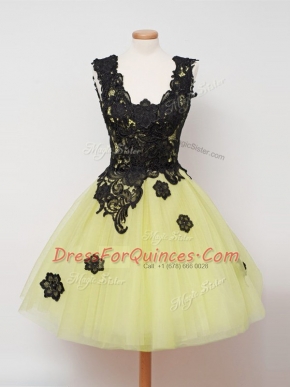 Discount Yellow Tulle Zipper Damas Dress Sleeveless Knee Length Lace