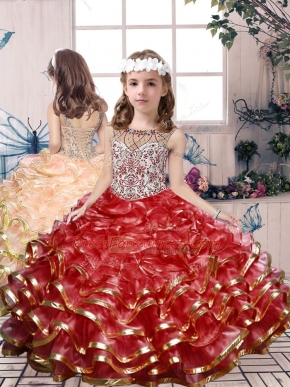 Red Ball Gowns Beading and Ruffles Pageant Dress Womens Lace Up Organza Sleeveless Floor Length