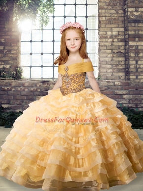 Ball Gowns Sleeveless Orange Child Pageant Dress Brush Train Lace Up