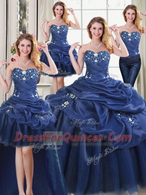 Top Selling Four Piece Navy Blue Organza Lace Up Vestidos de Quinceanera Sleeveless Floor Length Appliques