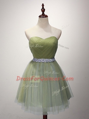 On Sale Olive Green Sweetheart Lace Up Beading and Ruching Dama Dress Sleeveless