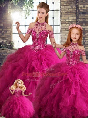Beading and Ruffles Sweet 16 Dresses Fuchsia Lace Up Sleeveless Floor Length