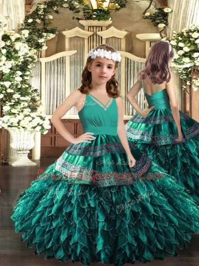 Turquoise Sleeveless Appliques and Ruffles Floor Length Evening Gowns
