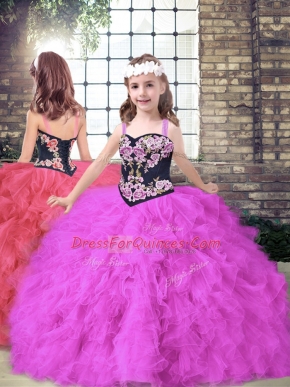 Modern Fuchsia Ball Gowns Straps Sleeveless Tulle Floor Length Lace Up Embroidery and Ruffles Child Pageant Dress