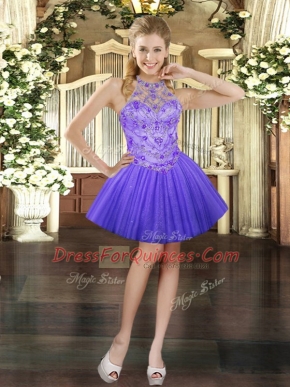 Fashionable Tulle Halter Top Sleeveless Lace Up Beading Prom Gown in Lavender