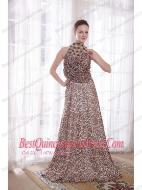 Sexy Empire High-neck Brush Train Leopard Beading Prom Dress