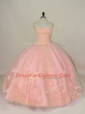 Popular Floor Length Pink 15 Quinceanera Dress Tulle Sleeveless Hand Made Flower