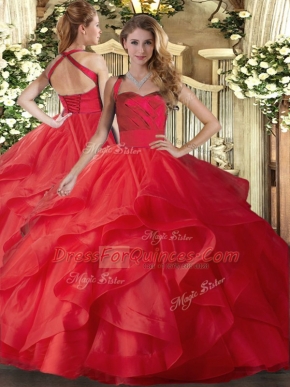 Red Quinceanera Dresses Military Ball and Sweet 16 and Quinceanera with Ruffles Halter Top Sleeveless Lace Up