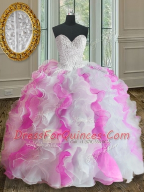 Floor Length Ball Gowns Sleeveless White and Pink Ball Gown Prom Dress Lace Up