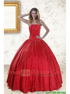 Cheap Red Strapless Quinceanera Dresses with Beading