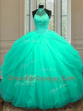 Cute Halter Top Sleeveless Tulle Sweet 16 Quinceanera Dress Beading and Sequins Lace Up