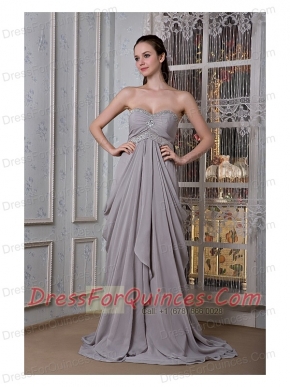 Prom Dress Grey Empire Sweetheart Brush Train Chiffon Beading