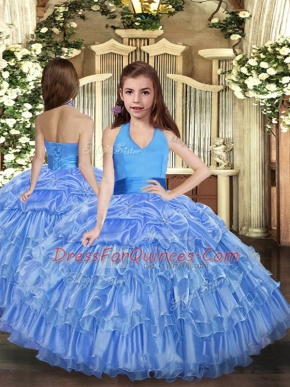Blue Lace Up Halter Top Ruffled Layers Girls Pageant Dresses Organza Sleeveless