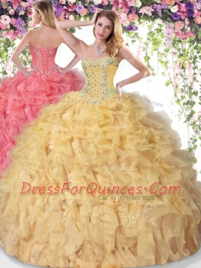 Latest Gold Ball Gowns Organza Sweetheart Sleeveless Beading and Ruffles Floor Length Lace Up Sweet 16 Dress