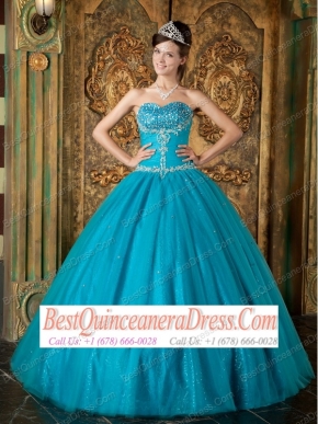 Teal A-Line / Princess Sweetheart Floor-length Beading Tulle  Quinceanera Dress