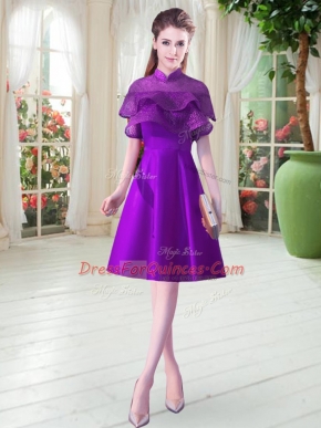 Clearance Cap Sleeves Satin Knee Length Lace Up in Eggplant Purple with Ruffled Layers