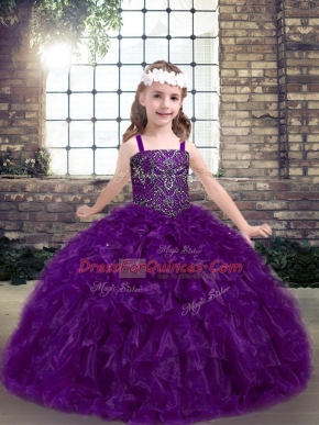 Floor Length Lace Up Evening Gowns Eggplant Purple for Party and Wedding Party with Beading and Ruffles