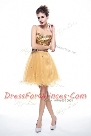 Fashionable Gold Organza Side Zipper Sweetheart Sleeveless Mini Length Evening Dress Beading and Sequins