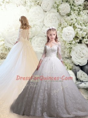 White 3 4 Length Sleeve Lace Zipper Flower Girl Dress