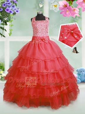 Popular Coral Red Sleeveless Organza Zipper Flower Girl Dress for Party and Wedding Party