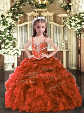 Fancy Floor Length Rust Red Little Girl Pageant Dress Straps Sleeveless Lace Up