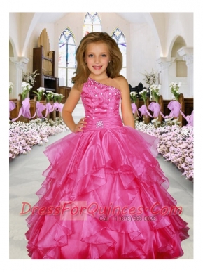 Beautiful Beading Ruffles Ball Gown Little Gril Pageant Dress with One Shoulder