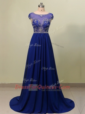 Luxury Scoop With Train A-line Cap Sleeves Royal Blue Prom Dresses Brush Train Zipper