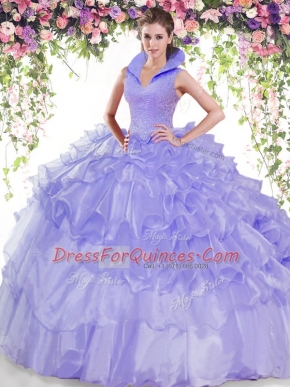 Lavender Quinceanera Gowns Military Ball and Sweet 16 and Quinceanera and For with Beading and Ruffled Layers High-neck Sleeveless Backless