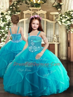 Floor Length Baby Blue Kids Pageant Dress Tulle Sleeveless Beading and Ruffles