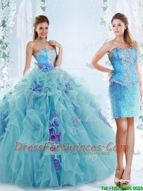 Exquisite Applique Bodice Aqua Blue Detachable Quinceanera Gowns in Organza