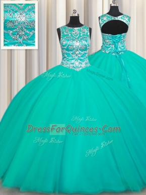 Popular Scoop Sleeveless Lace Up 15th Birthday Dress Turquoise Tulle