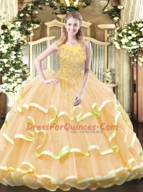 Exquisite Floor Length Gold 15 Quinceanera Dress Organza Sleeveless Beading and Ruffled Layers
