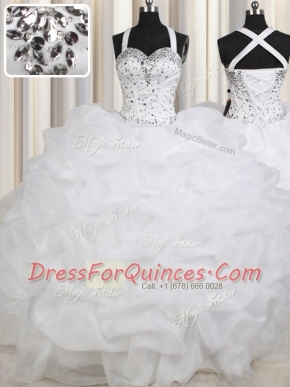 Simple White Lace Up Straps Beading and Pick Ups Quinceanera Gown Organza Sleeveless